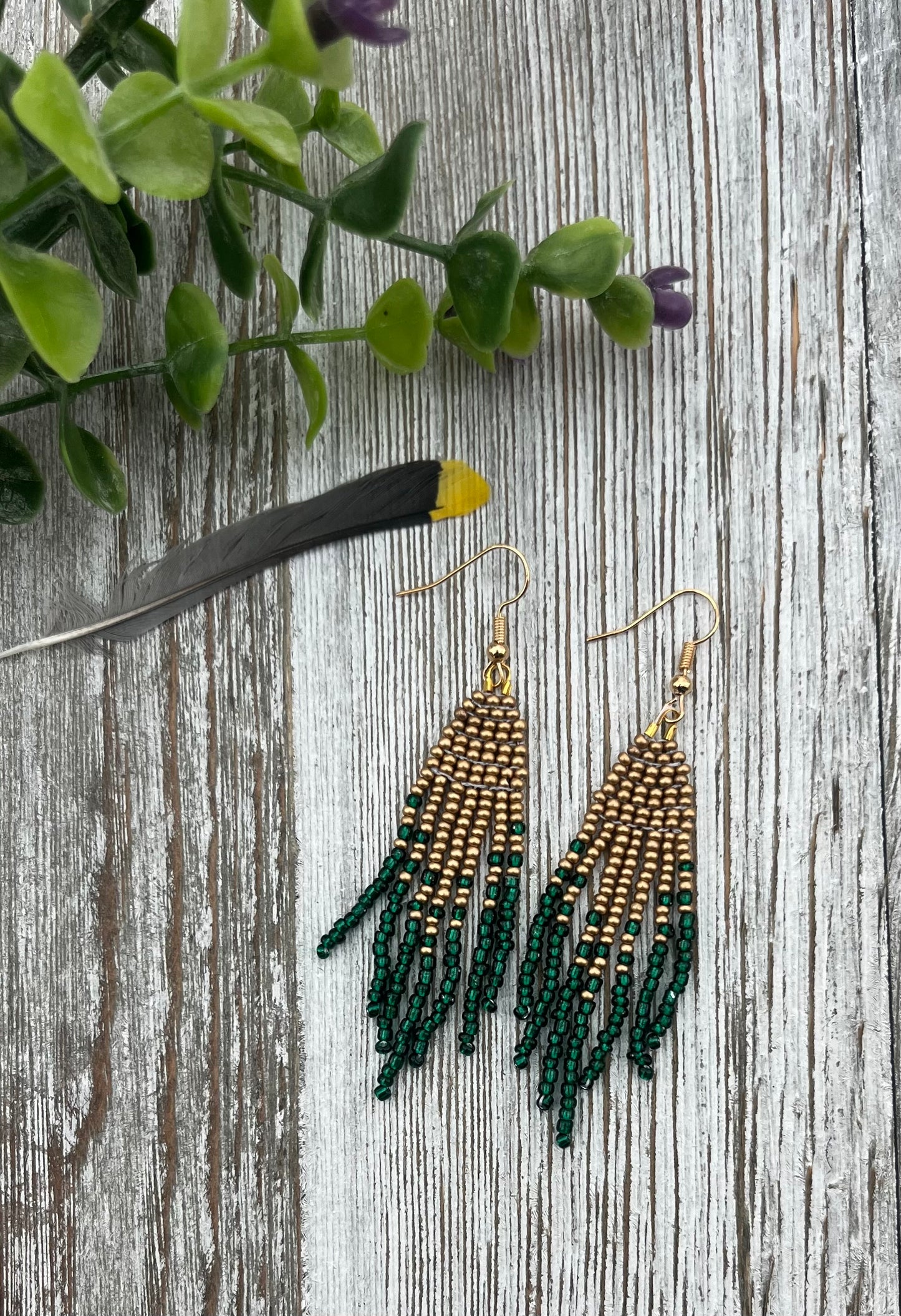 Green & Gold Beaded Fringe Earrings - Spring Collection