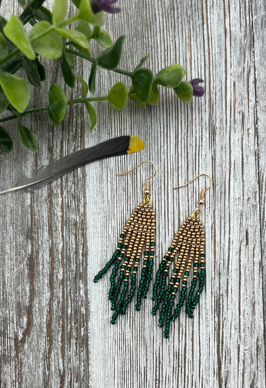 Green & Gold Beaded Fringe Earrings - Spring Collection